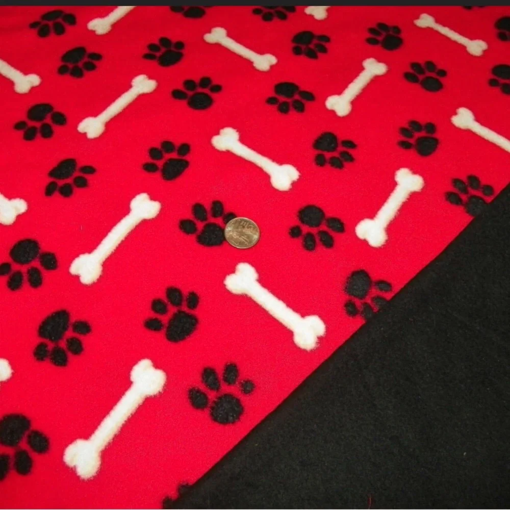 Dog Blanket Red with Black Paws White Bones Double Fleece size L-XL. 29”x34”